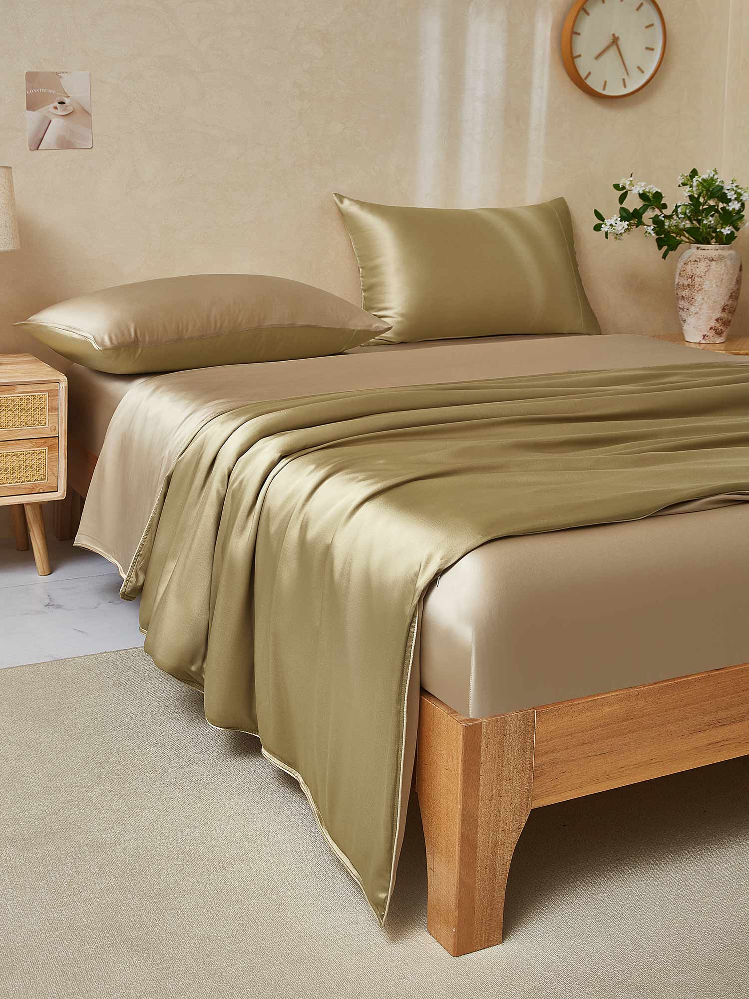 [Beige+Kaki] SilkSilky-SE 19Momme Rent Silke Bedding Set 003,