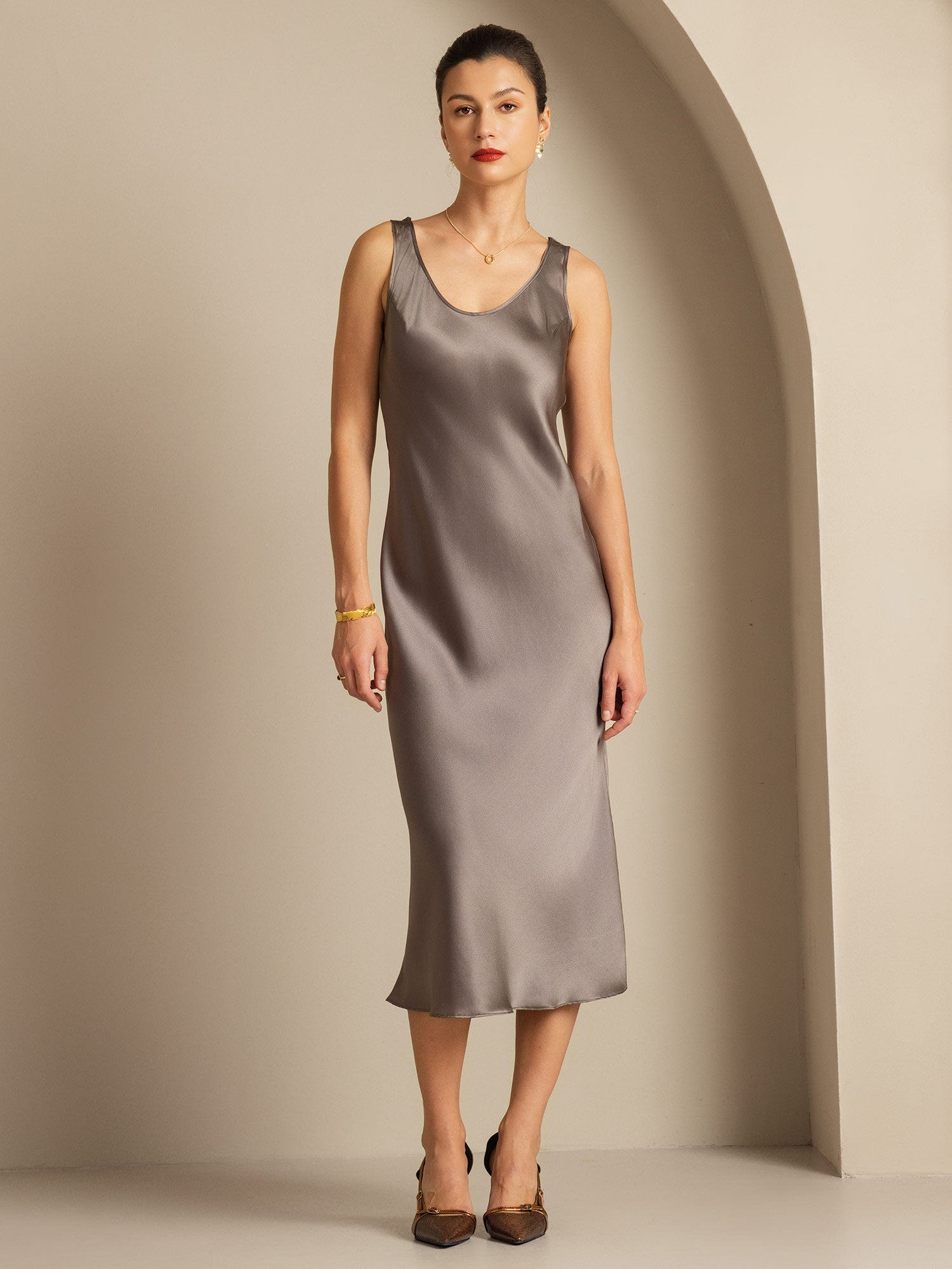 [Mörk Khaki] SilkSilky-SE Rent Silke Dress 001,