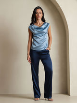 [Gråblå] SilkSilky-SE Cap Sleeve Cowl Neck Dam T-Shirt 005