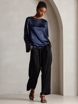 [Mörkblå] SilkSilky-SE Long Sleeve Boat Neck Blus 004