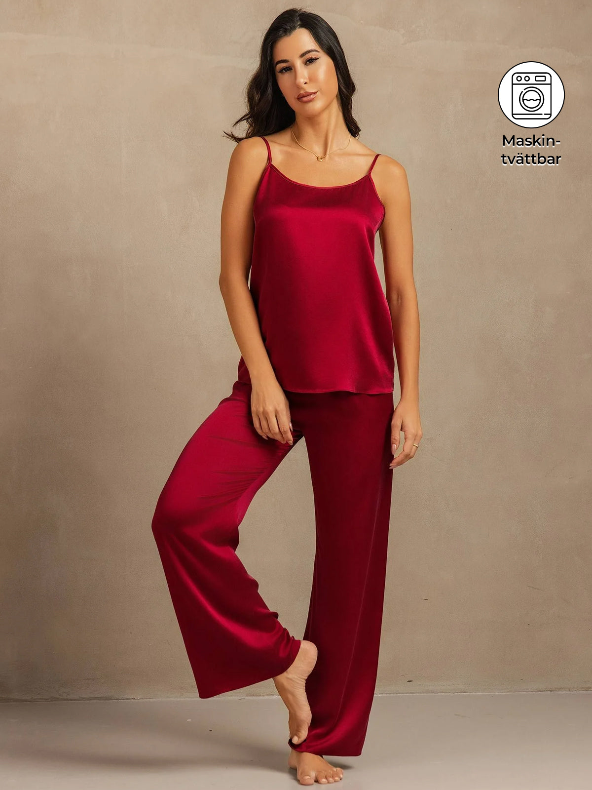 [Vin] SilkSilky-SE 19Momme Spaghetti Rem Djup Rund Halsringning Camisole Set 001