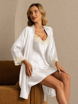 [Vit] SilkSilky-SE 3/4 Sleeve V Neck Dam Nattlinne&Morgonrock Set 004