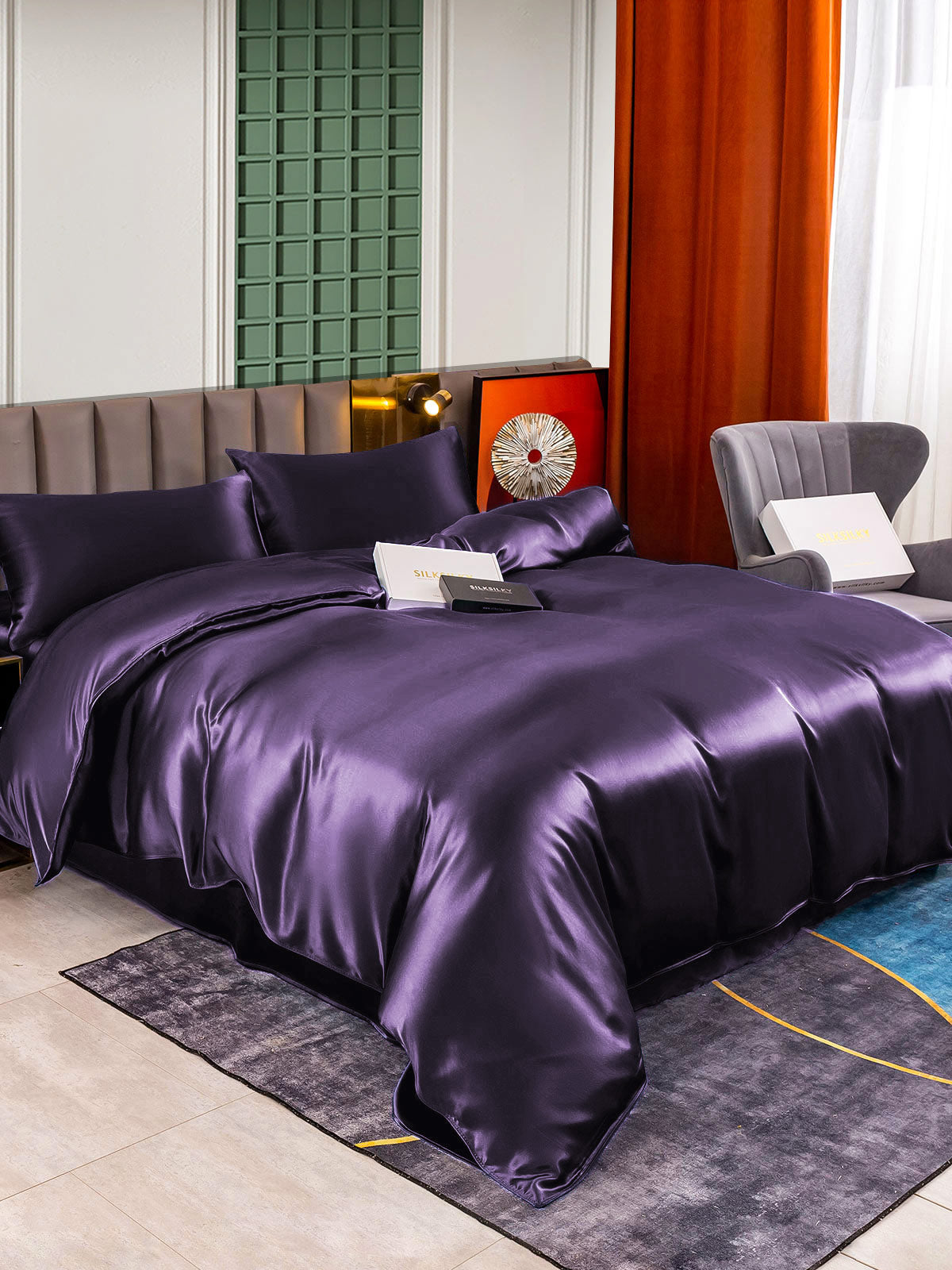 [Mörklila] SilkSilky-SE 22Momme Rent Silke Bedding Set 003,