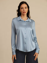 [Gråblå] SilkSilky-SE Long Sleeve Lapel Collar Damskjorta 005