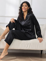 [Svart] SilkSilky-SE Long Sleeve Lapel Collar Dam Pyjama 001