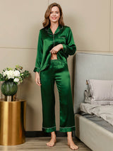 [Grön] SilkSilky-SE Long Sleeve Lapel Collar Dam Pyjama 005