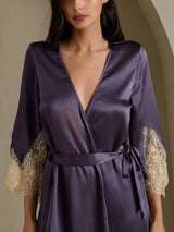 [Lila Grå] SilkSilky-SE 3/4 Sleeve V Neck Dam Nattlinne&Morgonrock Set 004