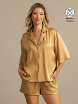 [Tan] SilkSilky-SE 19Momme Hårärm Notchkrage Dam Pyjama 001