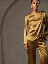 [Brun] SilkSilky-SE Long Sleeve Boat Neck Blus 005