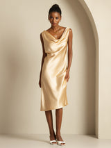 [Champagne] SilkSilky-SE 19Momme Ärmlös Cowl Halsringning Klänning 005