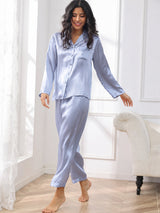 [Stålblå] SilkSilky-SE Long Sleeve Lapel Collar Dam Pyjama 004