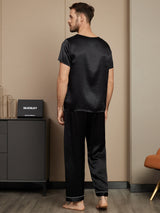 [Svart] SilkSilky-SE Rent Silke Kort Ärm Round Neck Herr Pyjama 002