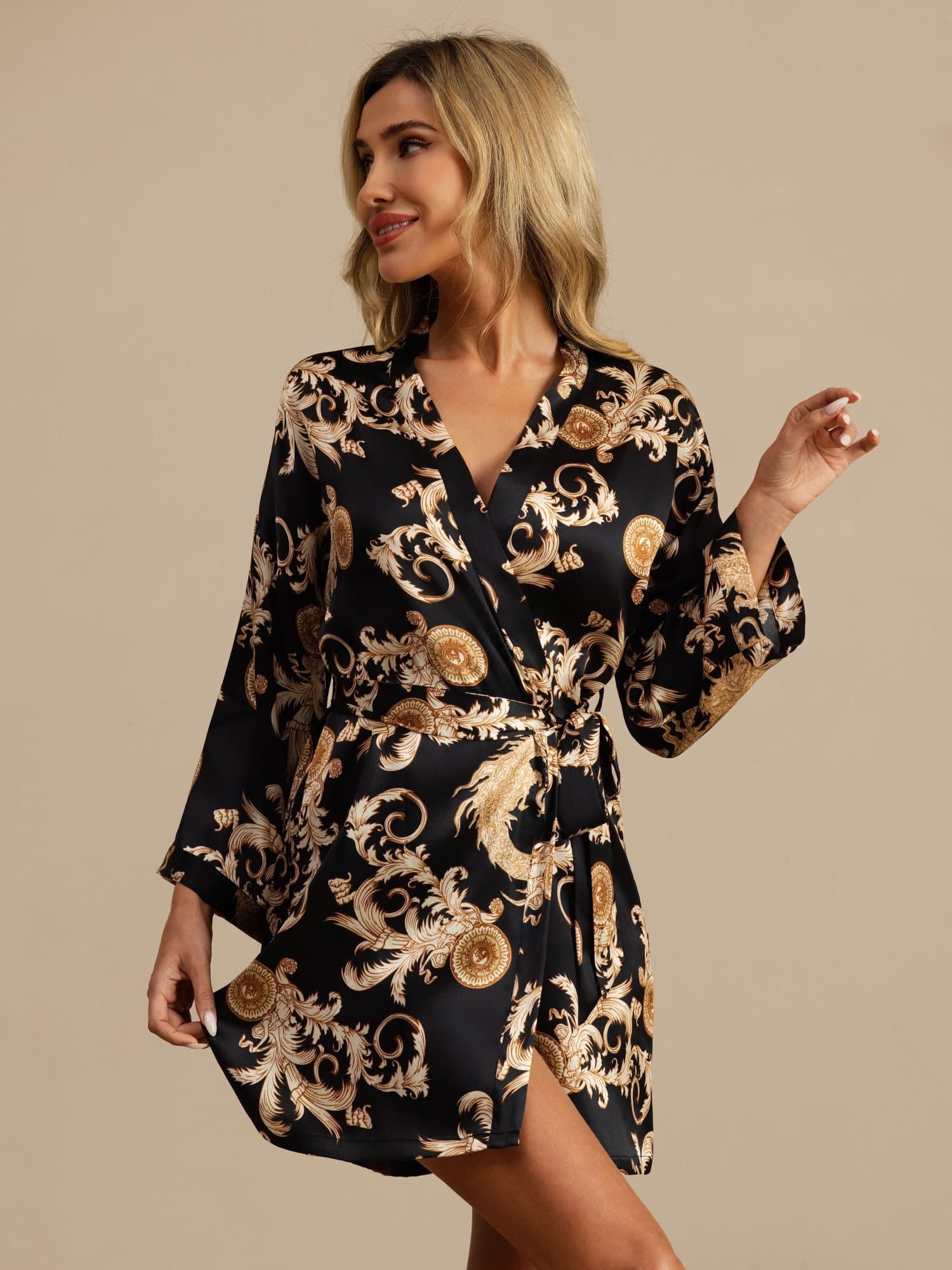 [Svart Drake] SilkSilky-SE 3/4 Ärm Dam Morgonrock 003