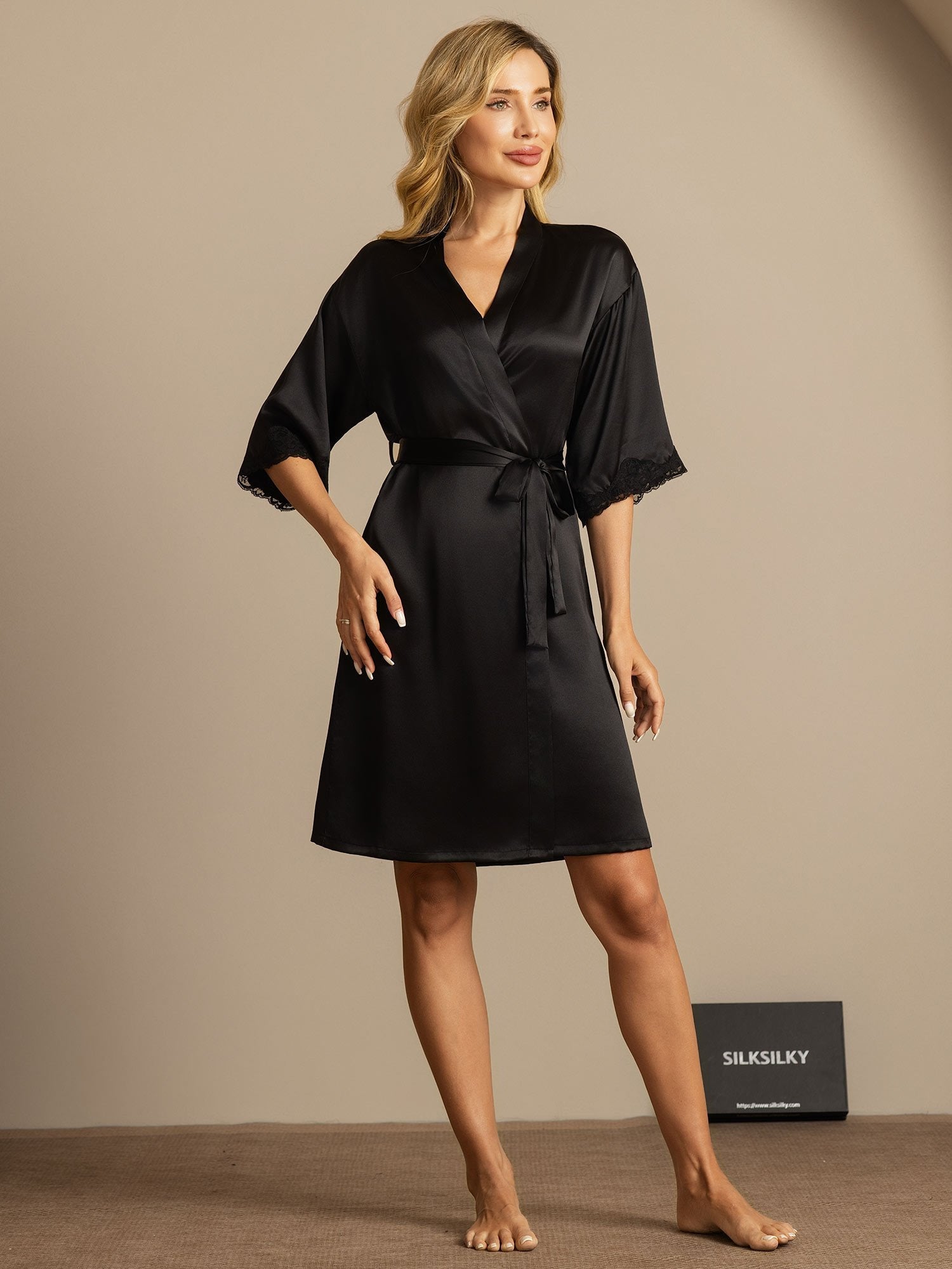 [Svart] SilkSilky-SE Rent Silke Womens Robe 006