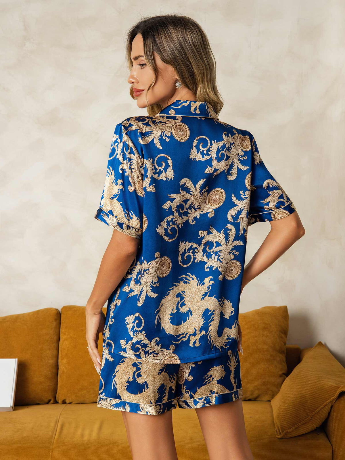 [Navy Drake] SilkSilky-SE Short Sleeve Lapel Collar Dam Pyjama 002