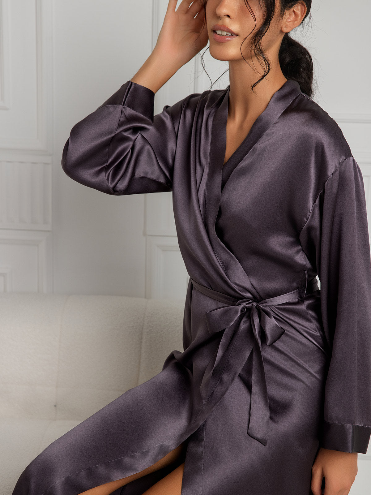 [Lila Grå] SilkSilky-SE Rent Silke Womens Robe 007