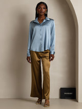 [Gråblå] SilkSilky-SE Long Sleeve Lapel Collar Damskjorta 006