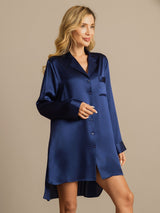 [Mörkblå] SilkSilky-SE Long Sleeve Lapel Collar Dam Sömnskjorta 008