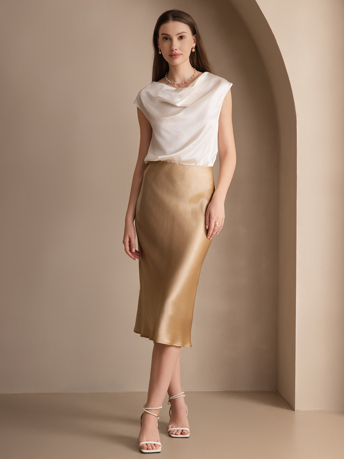 [Vit] SilkSilky-SE 19Momme Silke Ärmlös Womens T-Shirt 006