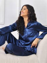 [Mörkblå] SilkSilky-SE Long Sleeve Lapel Collar Dam Pyjama 001