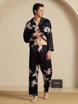 [Svart] SilkSilky-SE Long Sleeve Lapel Collar Herr Pyjama 008