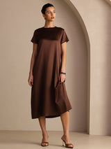 [Mörk Choklad] SilkSilky-SE Short Sleeve Round Neck Klänning 004