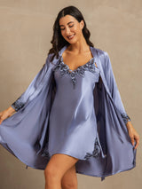 [Stålblå] SilkSilky-SE 3/4 Sleeve V Neck Dam Nattlinne&Morgonrock Set 001