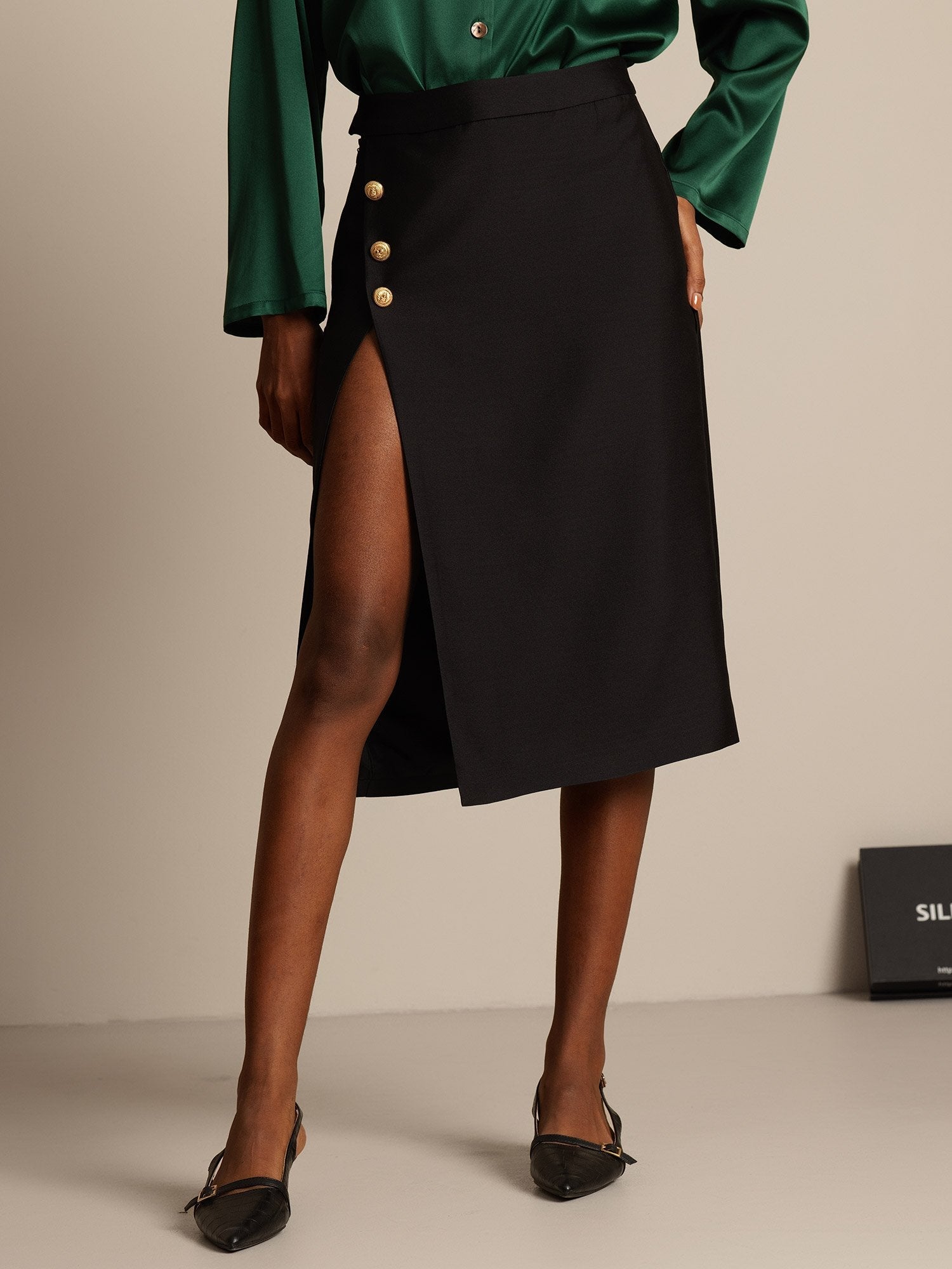 [Svart] SilkSilky-SE 32Momme Silk-Wool Blend Skirt 001,