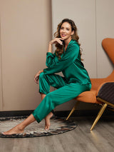 [Grön] SilkSilky-SE Long Sleeve Lapel Collar Dam Pyjama 005