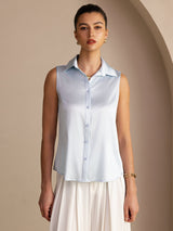 [Ljusblå] SilkSilky-SE Sleeveless Lapel Collar Damskjorta 001