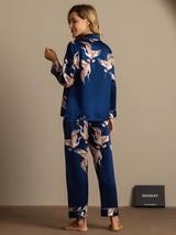 [Mörkblå] SilkSilky-SE Long Sleeve Lapel Collar Dam Pyjama 003