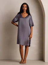 [Lila Grå] SilkSilky-SE Half Sleeve V Neck Nattlinne 008