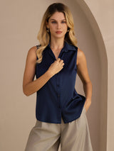 [Mörkblå] SilkSilky-SE Sleeveless Lapel Collar Damskjorta 005
