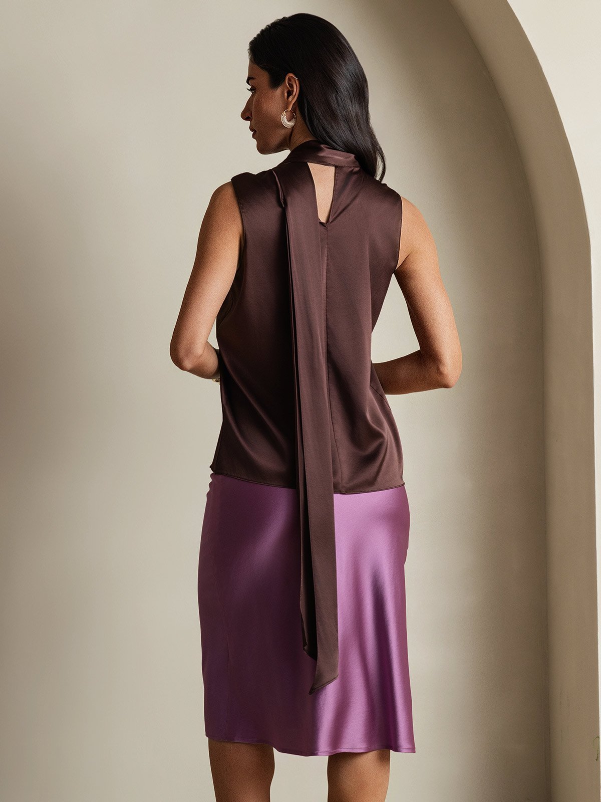 SilkSilky-SE 19Momme Silke Binda Hals Damskjorta Kaffe 002