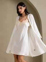 [Vit] SilkSilky-SE 3/4 Sleeve V Neck Dam Nattlinne&Morgonrock Set 006