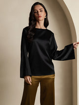 [Svart] SilkSilky-SE Long Sleeve Boat Neck Blus 001