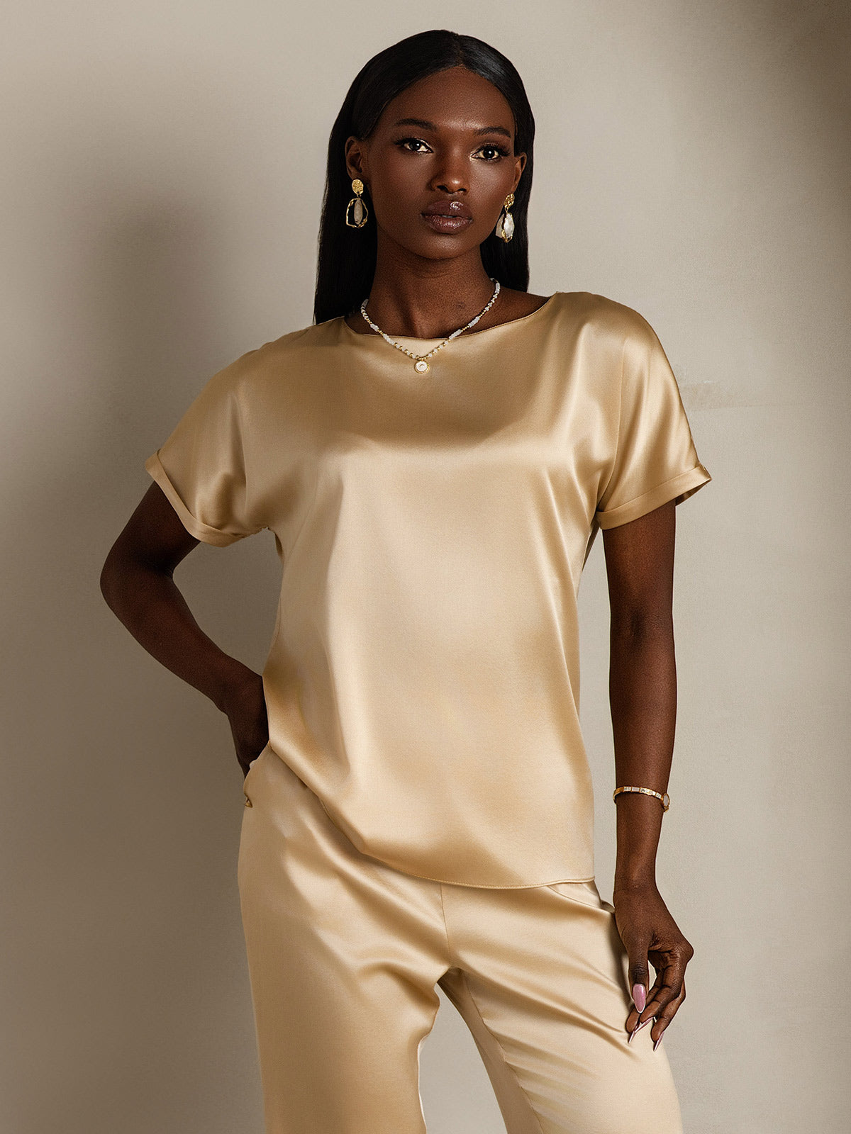 [Champagne] SilkSilky-SE 19Momme Silke Womens T-Shirt 003,