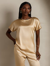[Champagne] SilkSilky-SE 19Momme Kort Ärm Båtringad Dam T-Shirt 003