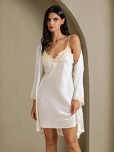 [Vit] SilkSilky-SE 3/4 Sleeve V Neck Dam Nattlinne&Morgonrock Set 001