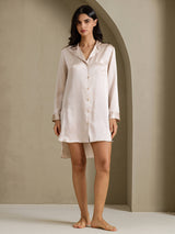 [Beige] SilkSilky-SE Long Sleeve Lapel Collar Dam Sömnskjorta 007