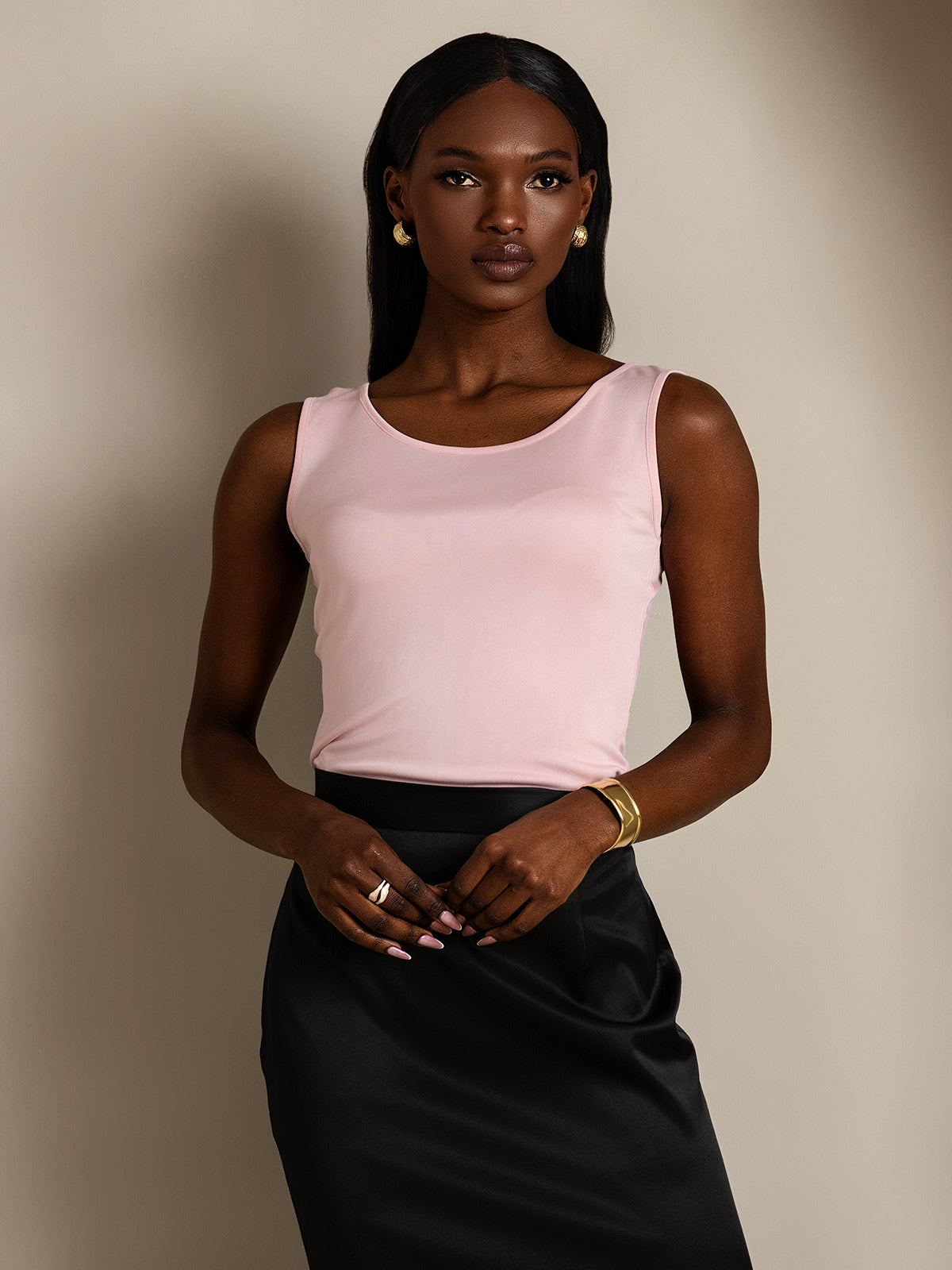[Rosa] SilkSilky-SE Silke Stickad Ärmlös Round Neck Dam T-Shirt 004