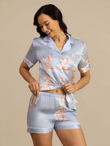 [Ljusblå] SilkSilky-SE Short Sleeve Lapel Collar Dam Pyjama 001