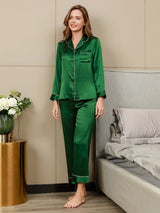 [Grön] SilkSilky-SE Long Sleeve Lapel Collar Dam Pyjama 004