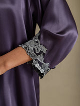 [Lila Grå] SilkSilky-SE 3/4 Sleeve V Neck Dam Nattlinne&Morgonrock Set 004