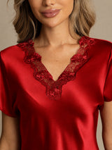 [Mörkröd] SilkSilky-SE Short Sleeve V Neck Nattlinne 004