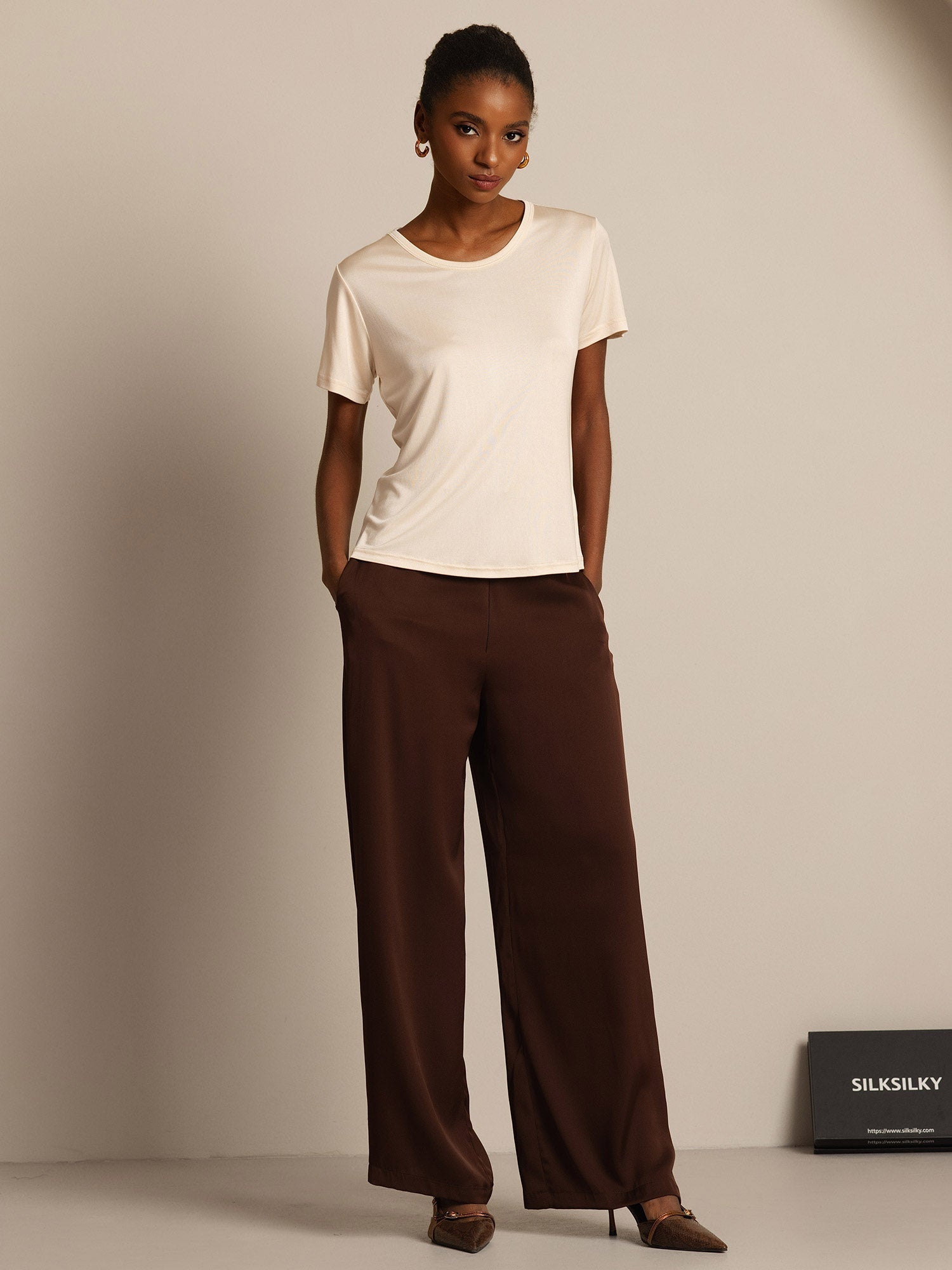 [Beige] SilkSilky-SE Silke Stickad Womens T-Shirt 005,