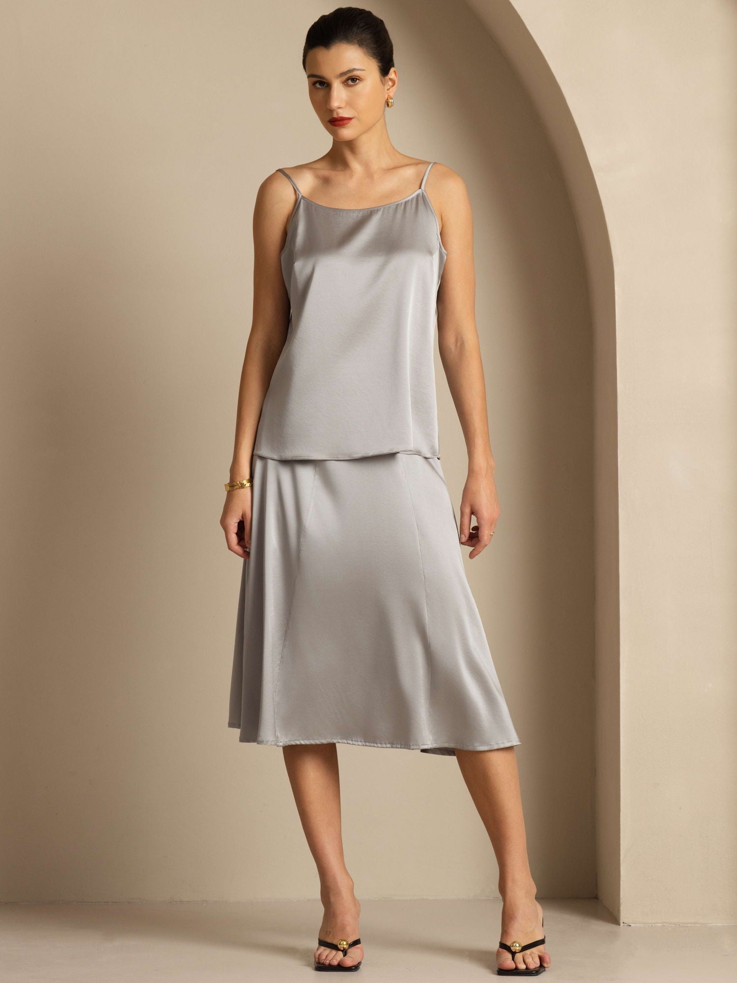 [Griffin Grå] SilkSilky-SE 19Momme Spaghetti Rem Djup Rund Halsringning Cami Toppar 003