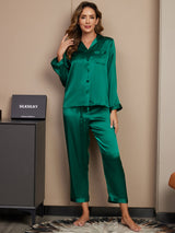 [Grön] SilkSilky-SE Long Sleeve Lapel Collar Dam Pyjama 001
