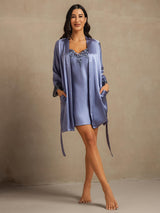 [Stålblå] SilkSilky-SE 3/4 Sleeve V Neck Dam Nattlinne&Morgonrock Set 008