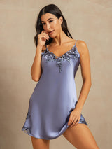 [Stålblå] SilkSilky-SE Spaghetti Strap V Neck Nattlinne 001